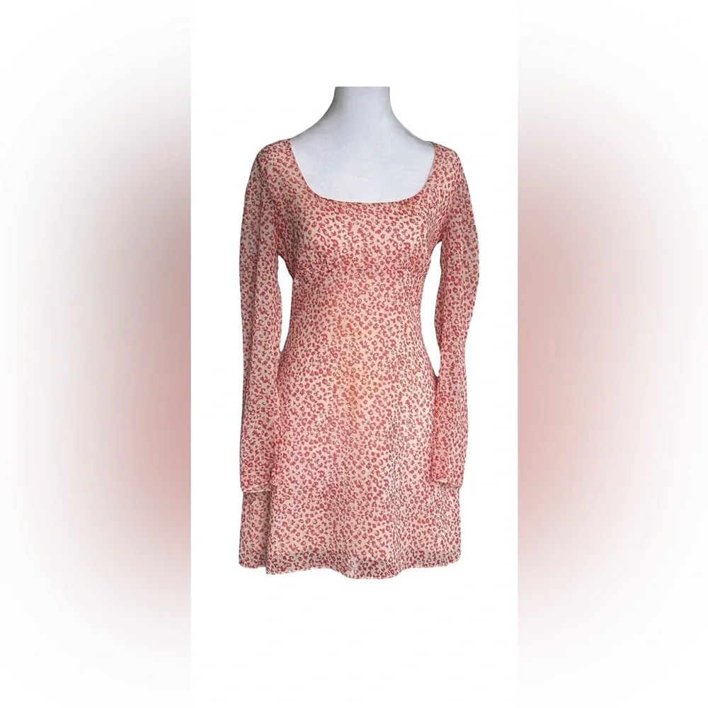 Orange Floral Long Sleeve Mini Dress Sz S Cottagecore Garden Tea Romantic Boho - Picture 2 of 9